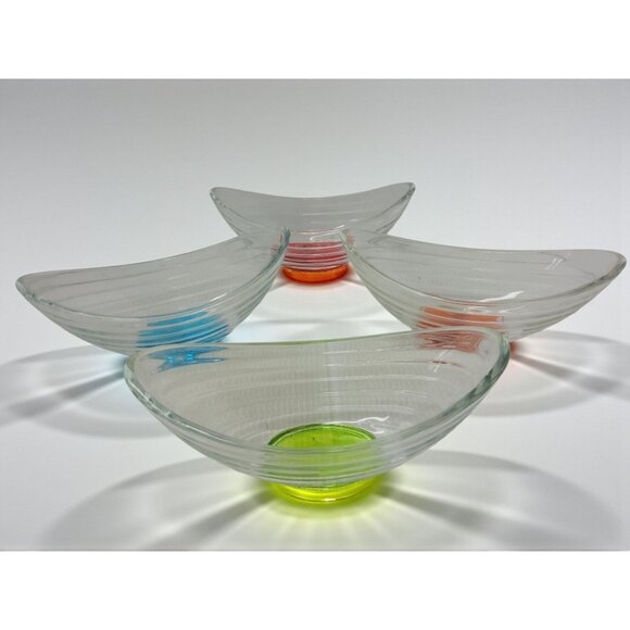 vintage 2pc. salad/desert bowl set boat shaped clear ribbed glass with green and - Picture 5 of 8